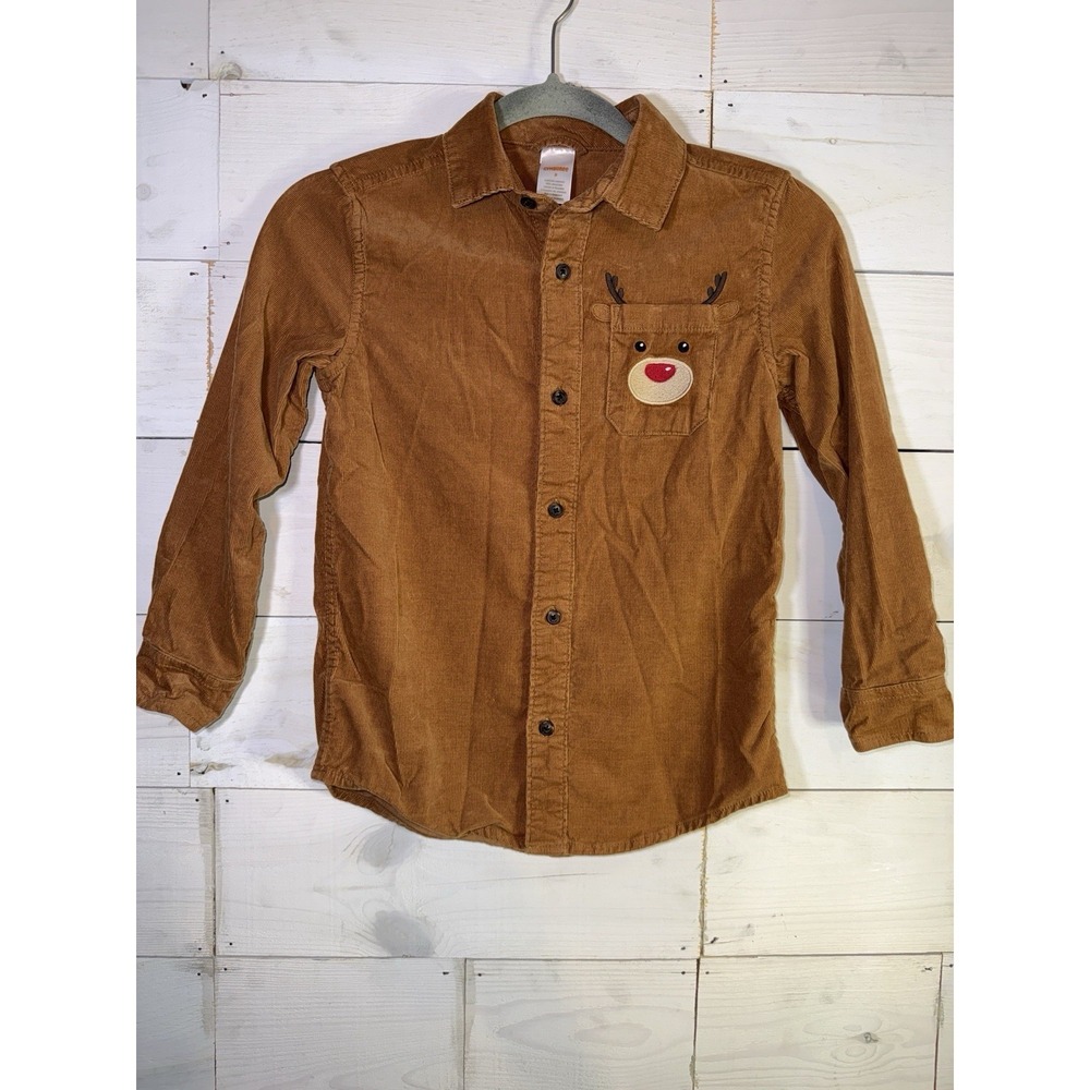 Boys Reindeer Corduroy Button Up Shirt - Holiday Express - Brown Sz 8